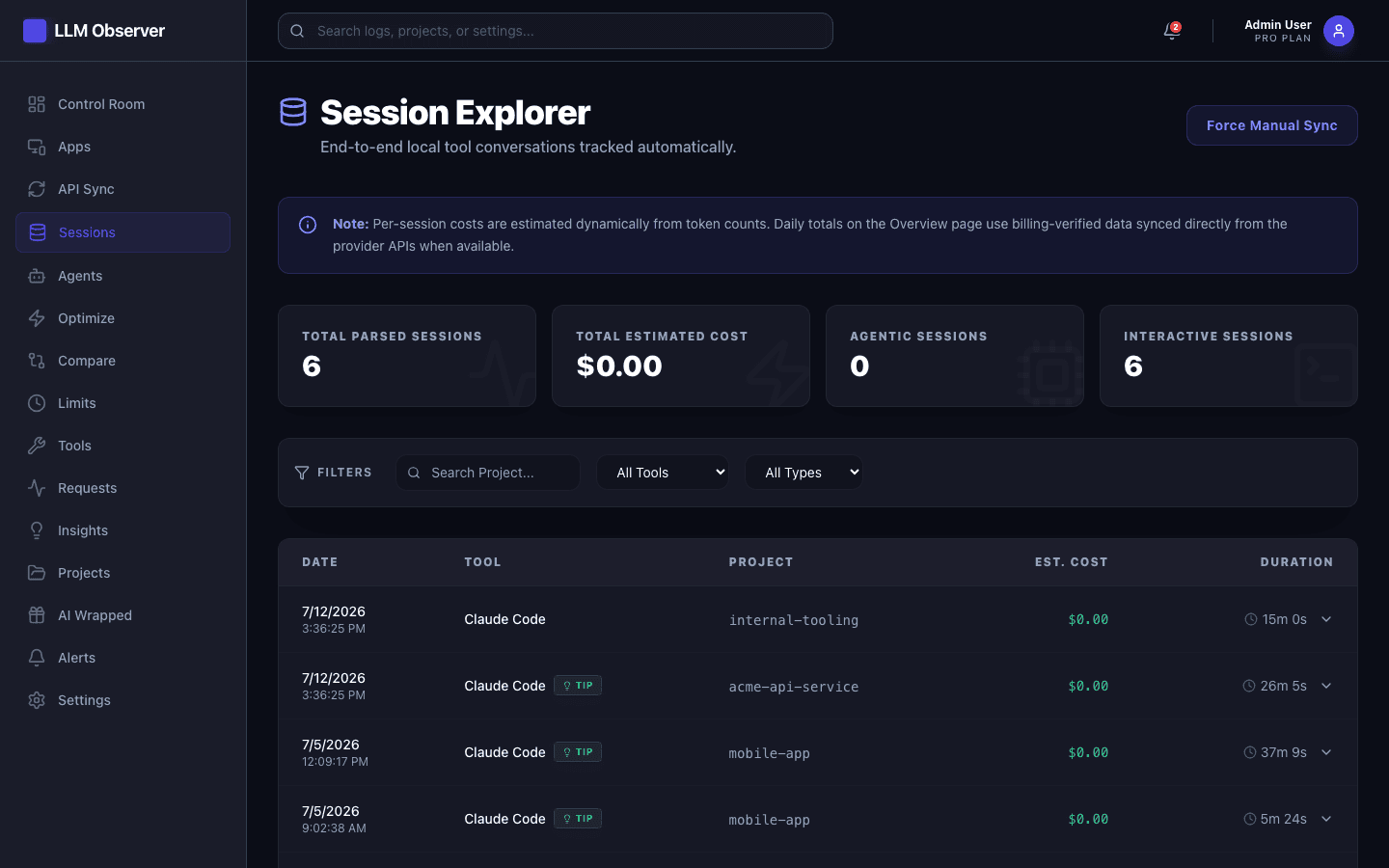 Session Explorer screen in LLM Observer