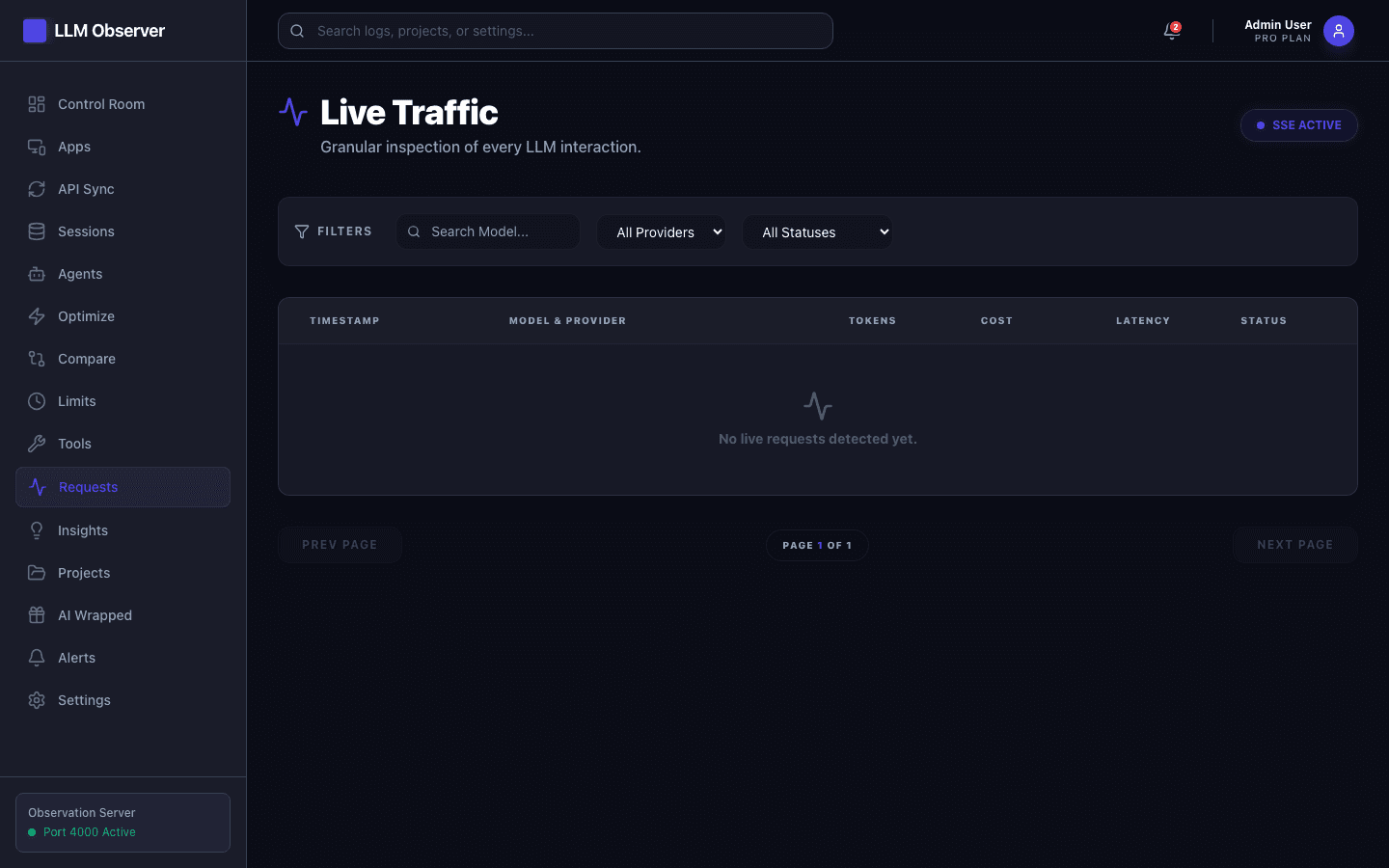 Live Traffic screen in LLM Observer