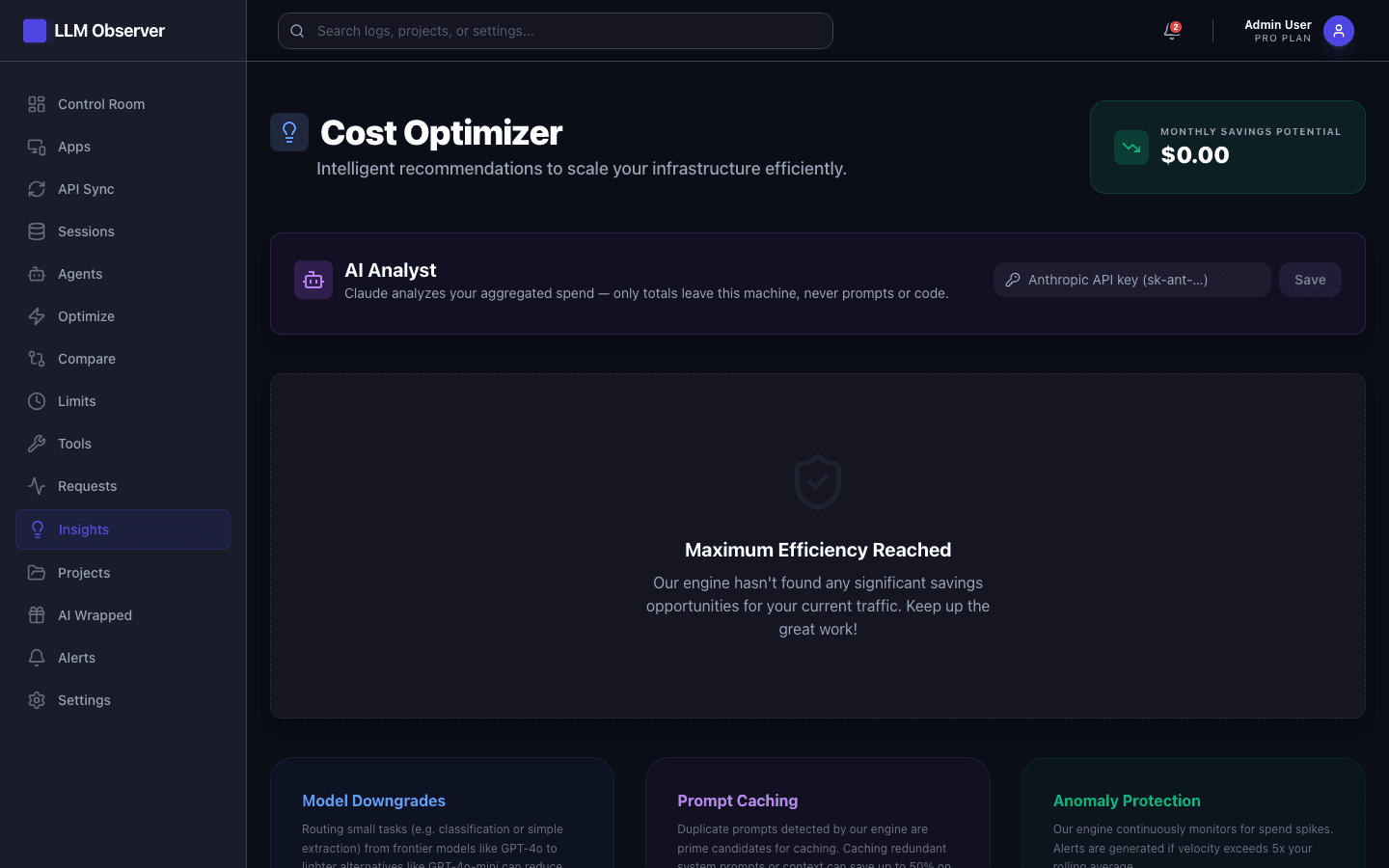 Cost Optimizer screen in LLM Observer